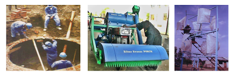 more products (from left): biogas energy plant building, small combined harvester (can be attached to power-tiller), simple wind power water pump